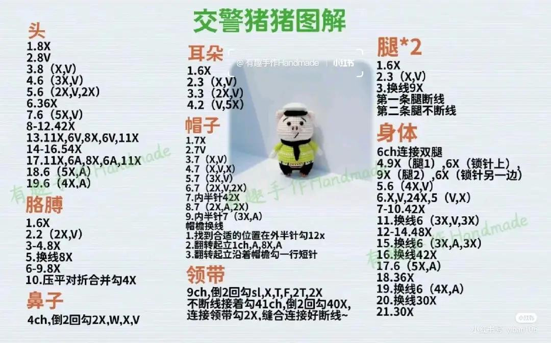 Cute Crochet Traffic Police Pig Amigurumi Pattern with Detailed Flat Chart Instructions
