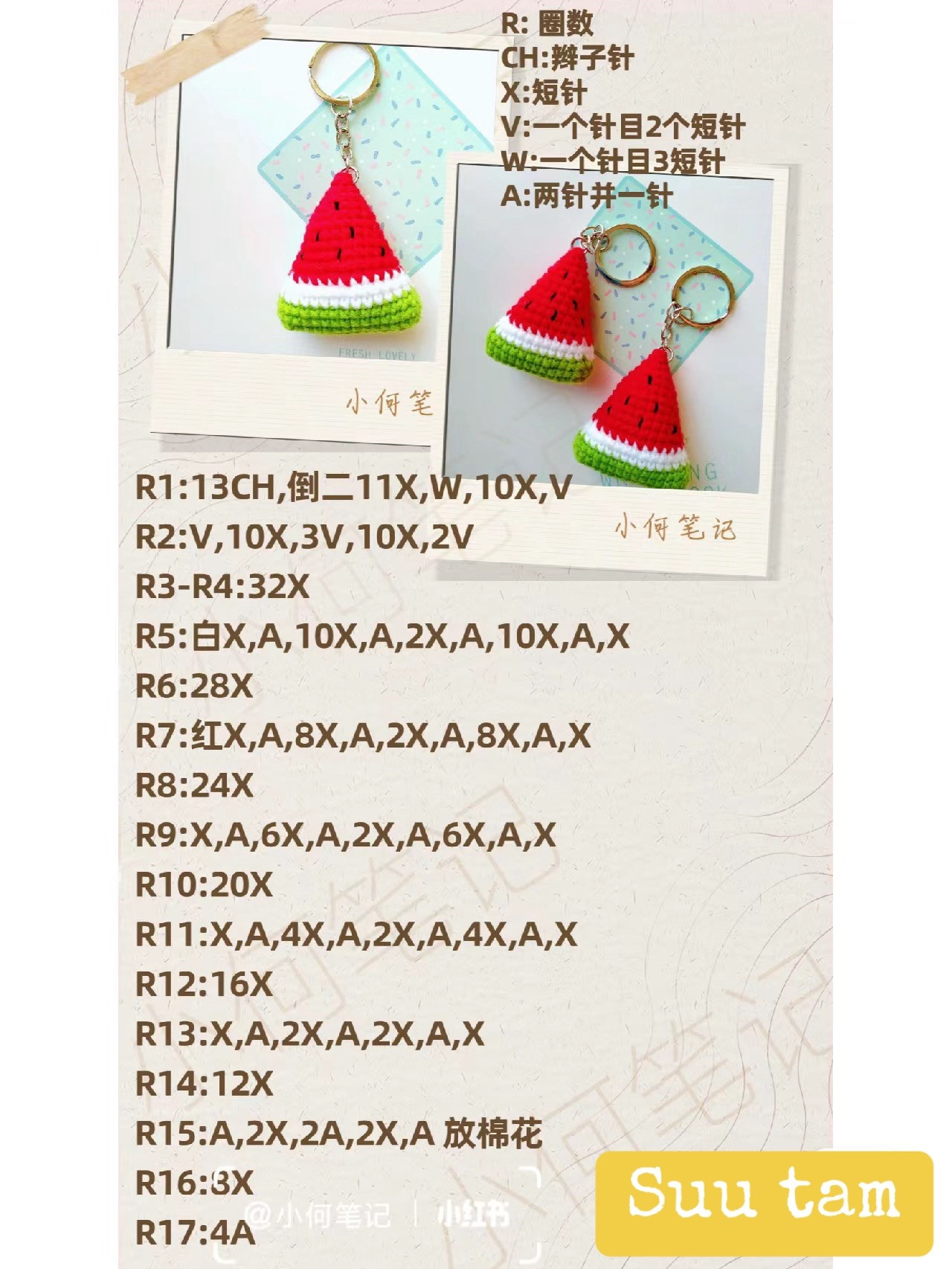 Cute Crochet Watermelon Slice Keychain Pattern Chart