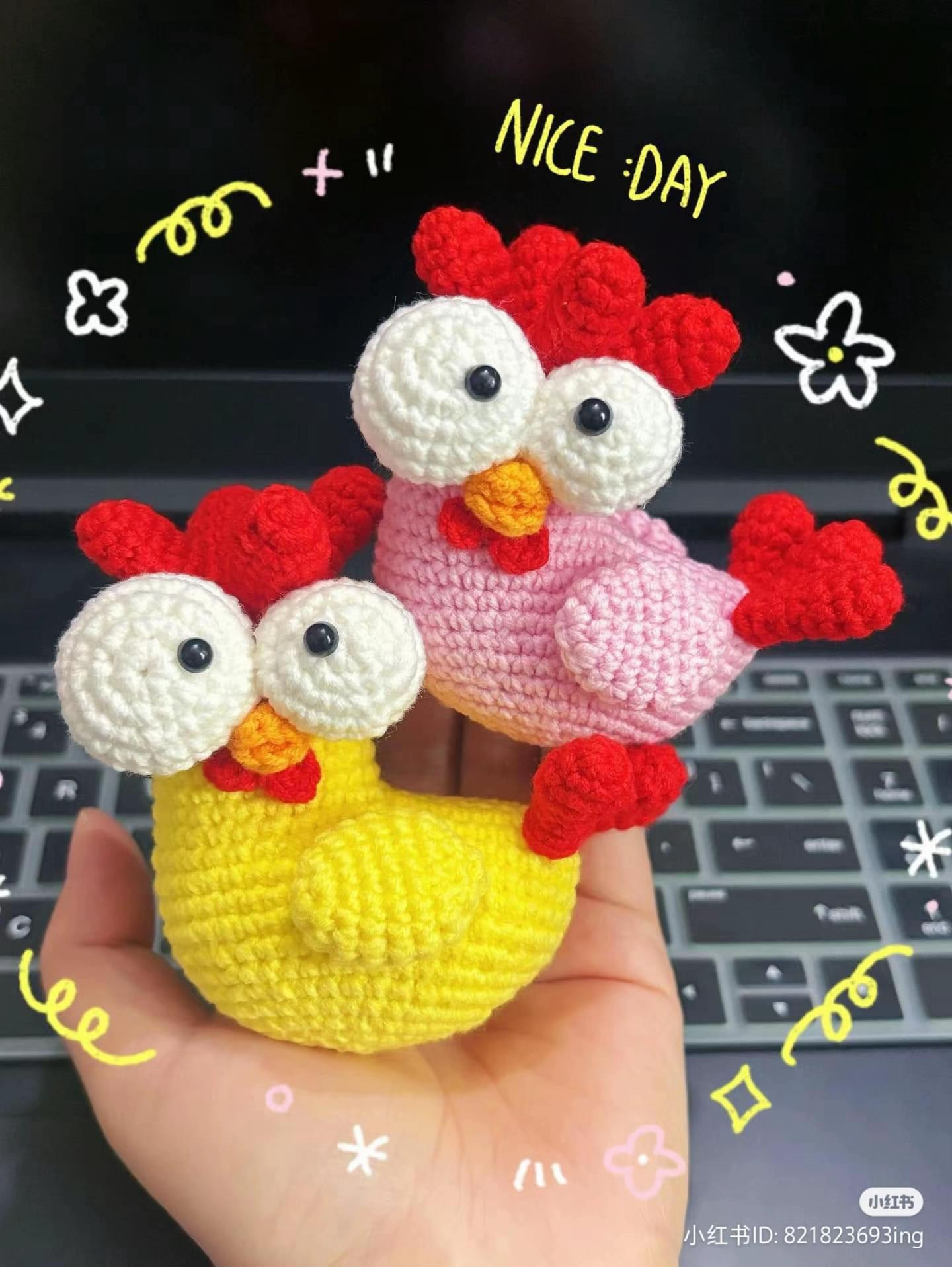 Cute Crocheted Chicken Doll Pattern with Large Eyes and Red Comb