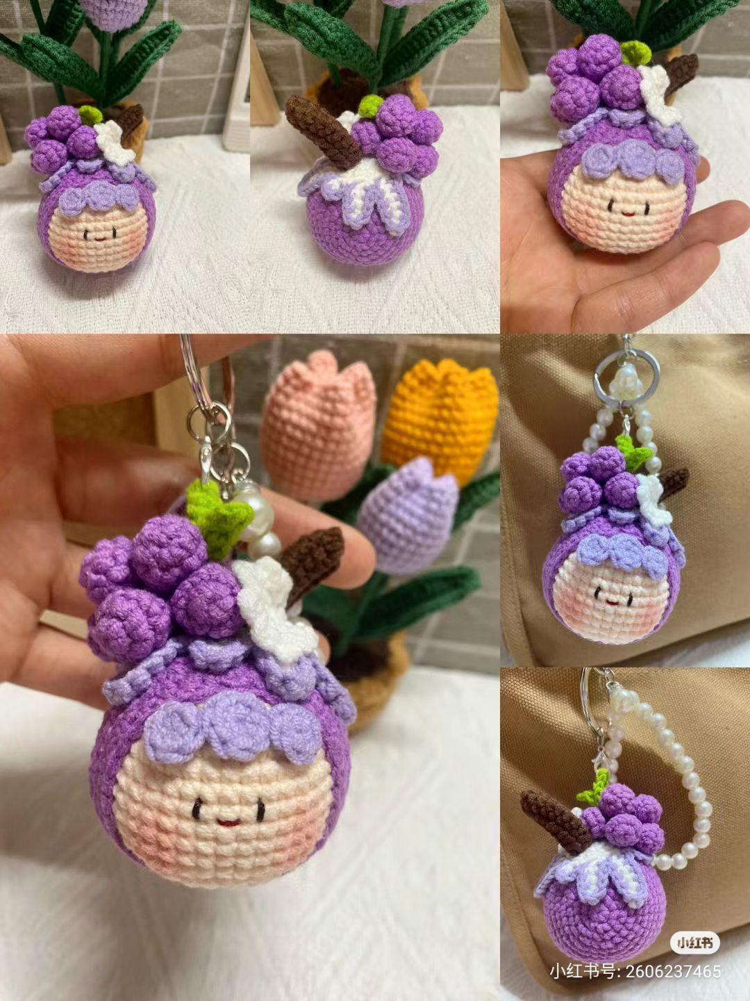 Cute Grape Juice Amigurumi Keychain Pattern with Pearls and Cream