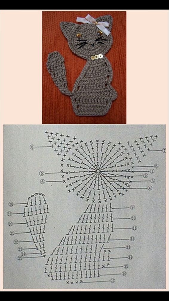 Cute Gray Crochet Cat Applique with Flat Chart Pattern and Bow Detail