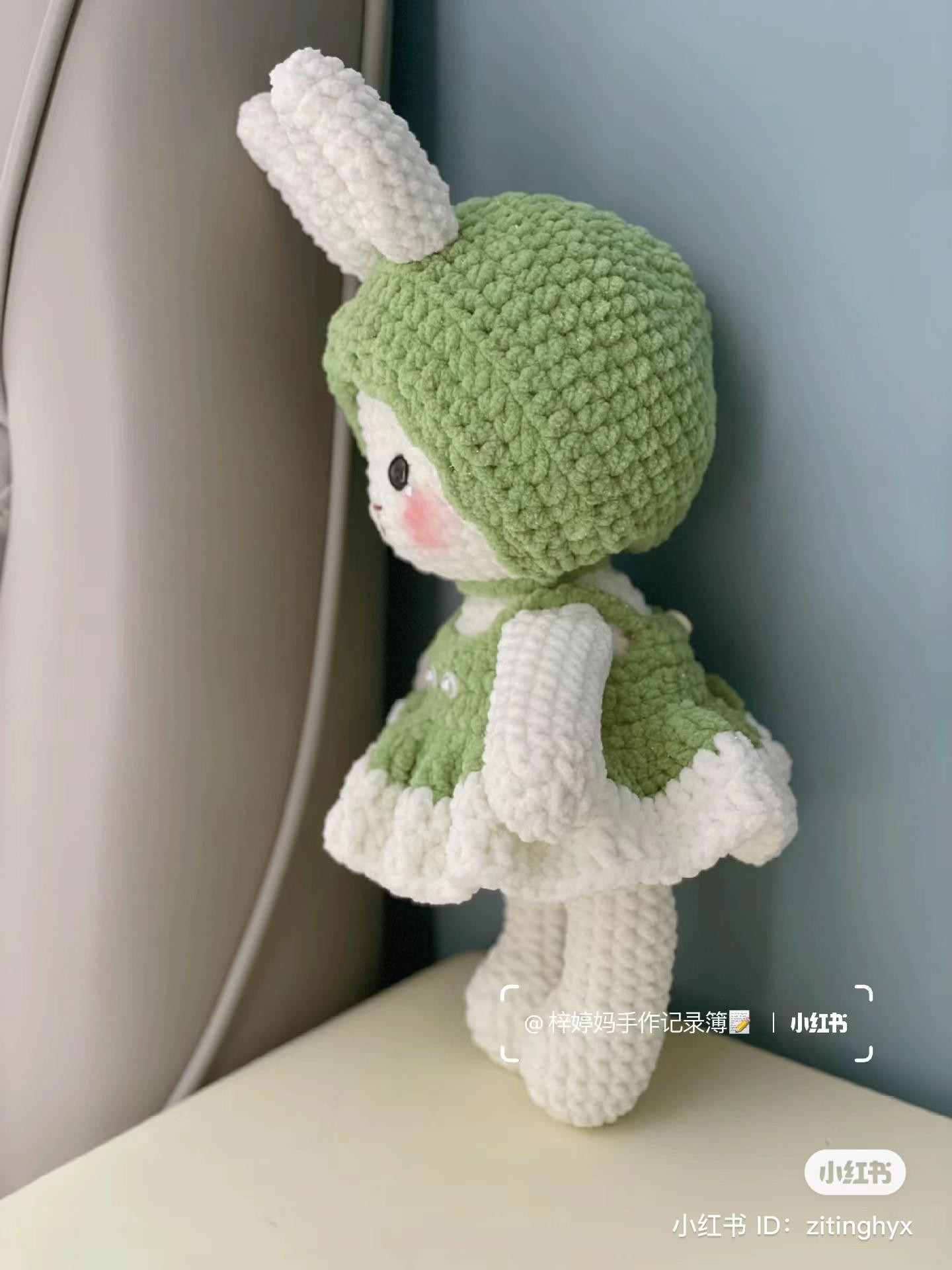 Cute Green and White Crochet Rabbit Doll in Hooded Dress with Pattern Chart