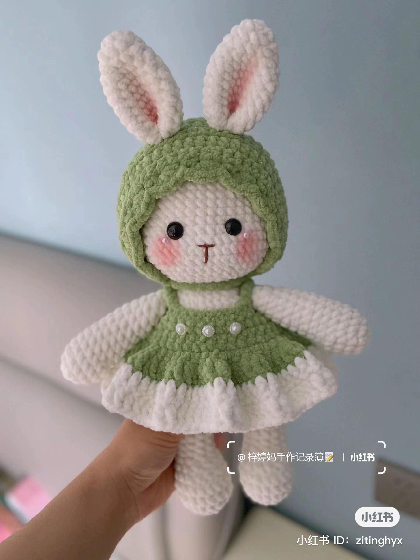 Cute Green and White Crochet Rabbit Doll in Hooded Dress with Pattern Chart