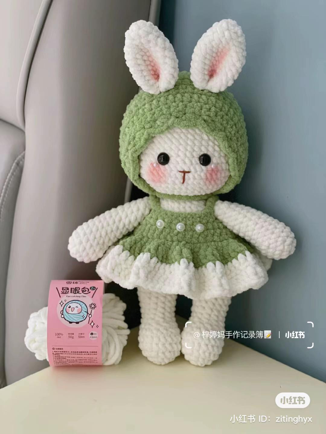 Cute Green and White Crochet Rabbit Doll in Hooded Dress with Pattern Chart