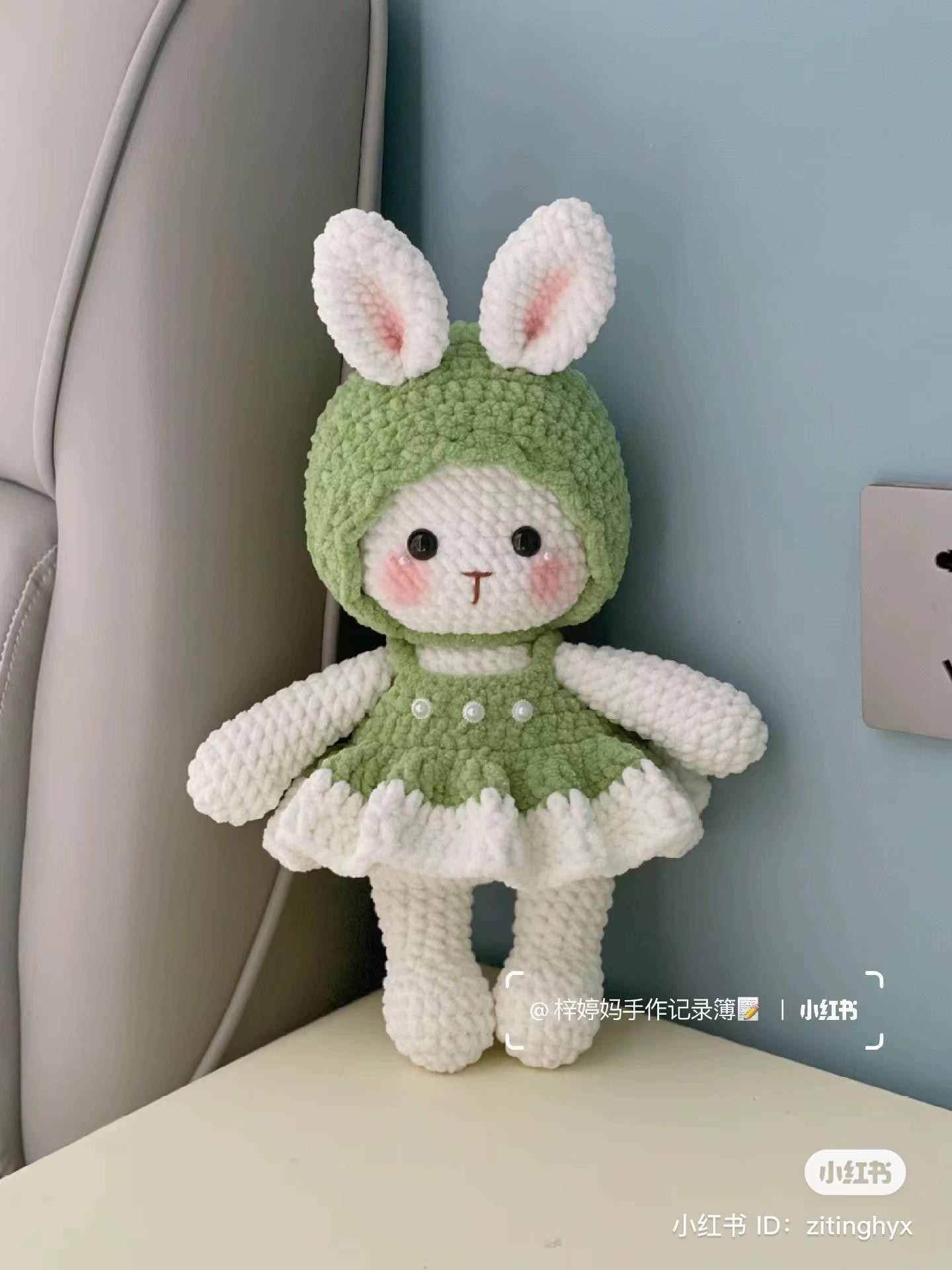 Cute Green and White Crochet Rabbit Doll in Hooded Dress with Pattern Chart