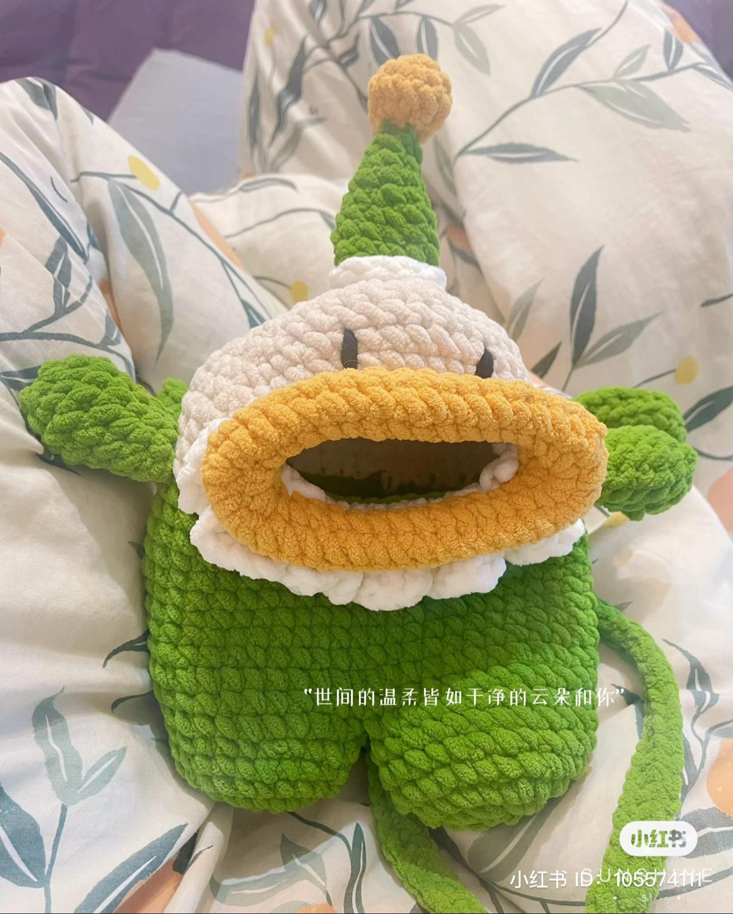 Cute Green Crocheted Duck Character Bag with Detailed Pattern Chart