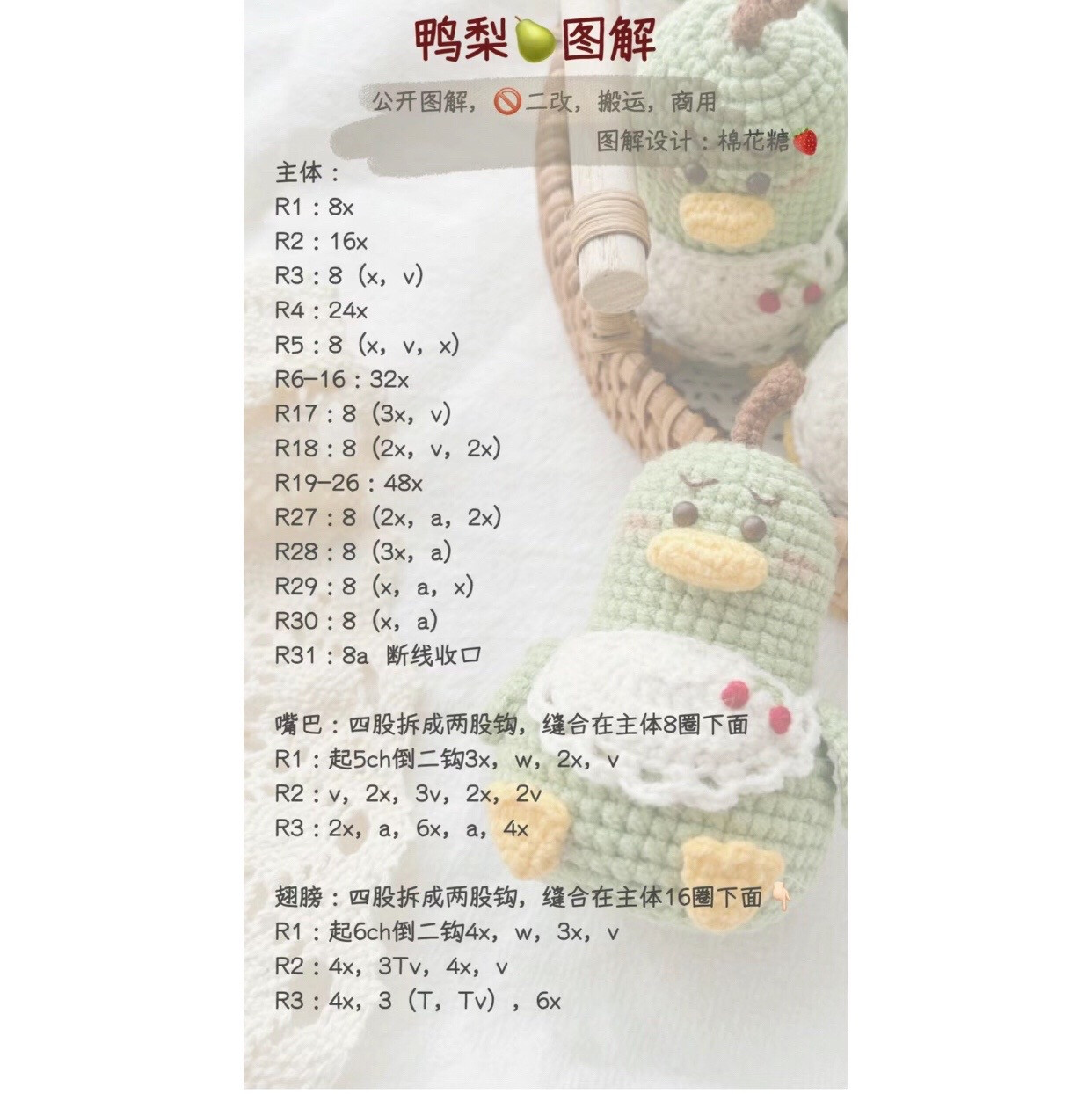 Cute Green Duck Pear Amigurumi Crochet Pattern with Apron and Detailed Instructions