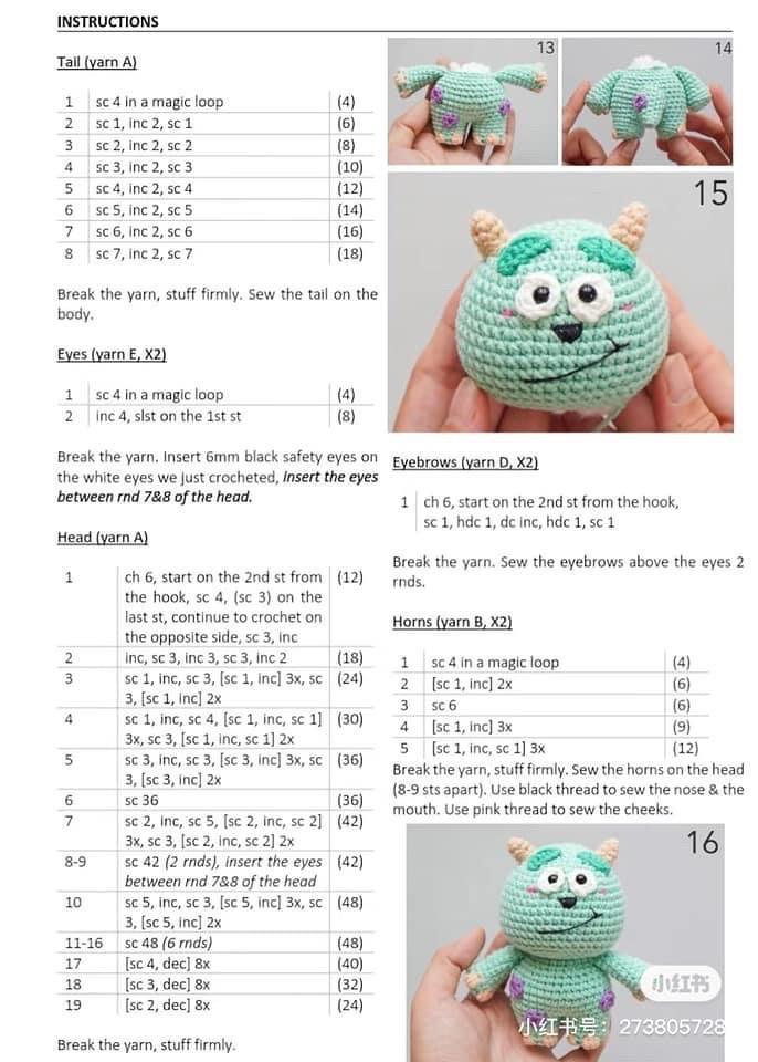 Cute Green Monster Amigurumi Crochet Pattern with Chart and Step-by-Step Instructions
