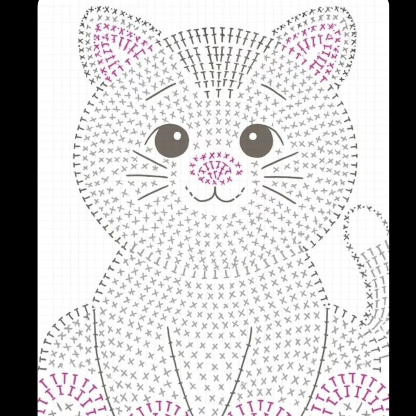 Cute Grey Sitting Cat Crochet Rug Flat Chart Pattern with Paws and Pink Accents