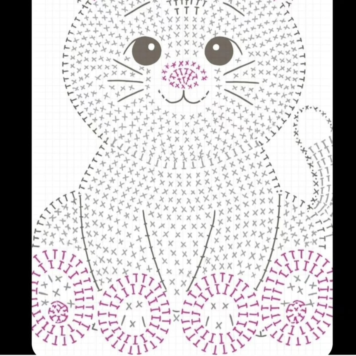 Cute Grey Sitting Cat Crochet Rug Flat Chart Pattern with Paws and Pink Accents