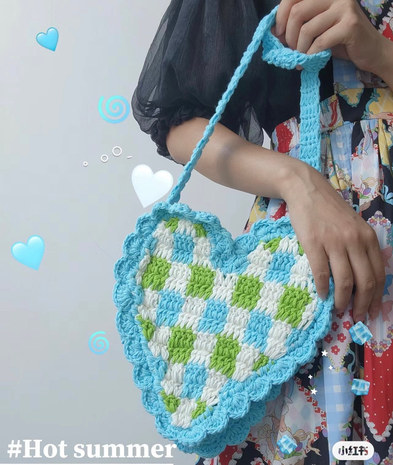 Cute Heart Shaped Crochet Bag Chart with Colorful Checkered Pattern and Detailed Stitch Diagram