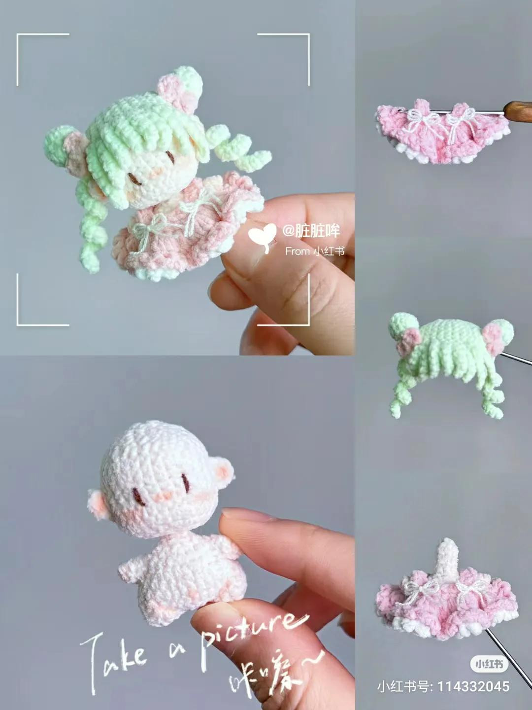 Cute Mini Amigurumi Doll Crochet Pattern Chart with Green Hair and Pink Dress