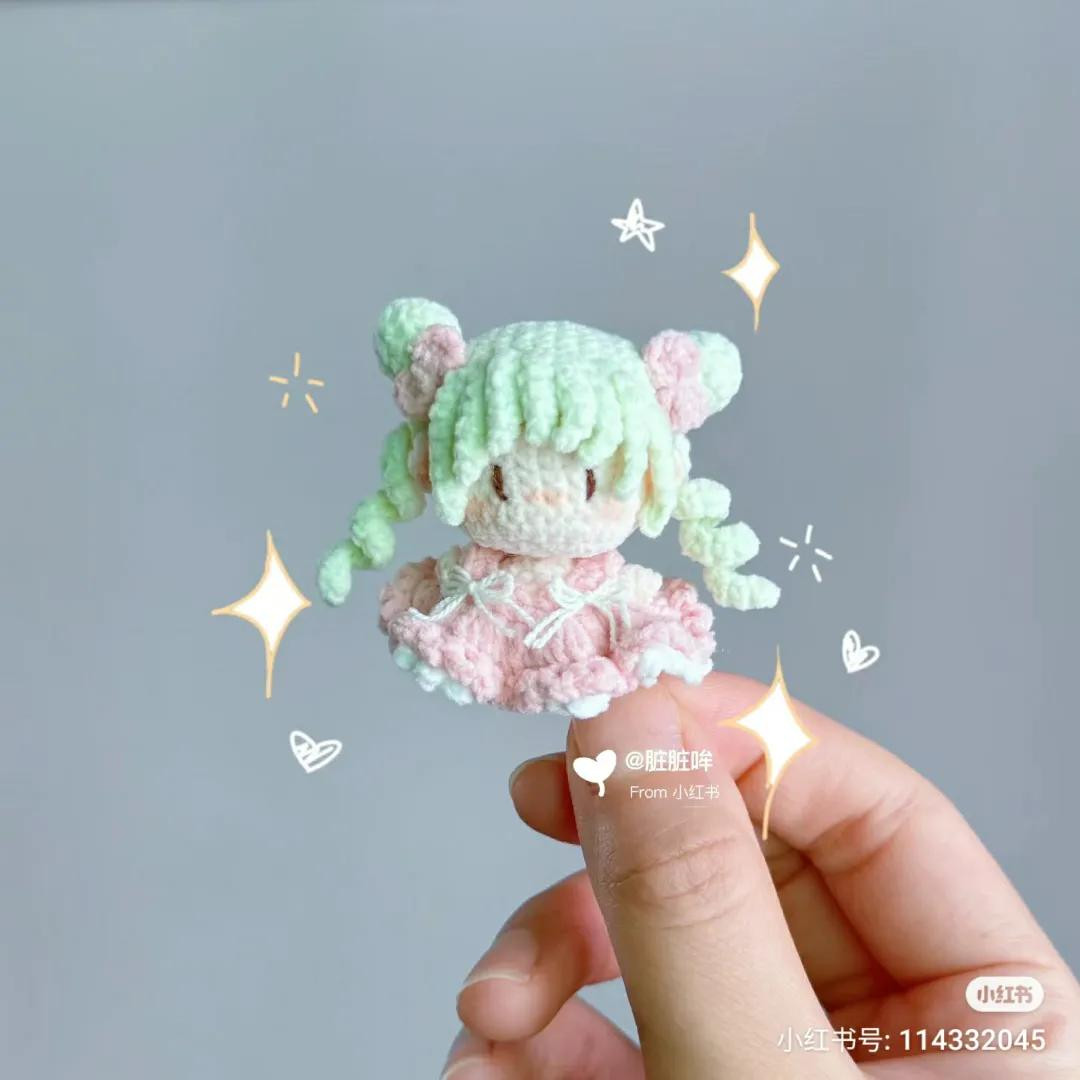 Cute Mini Amigurumi Doll Crochet Pattern Chart with Green Hair and Pink Dress