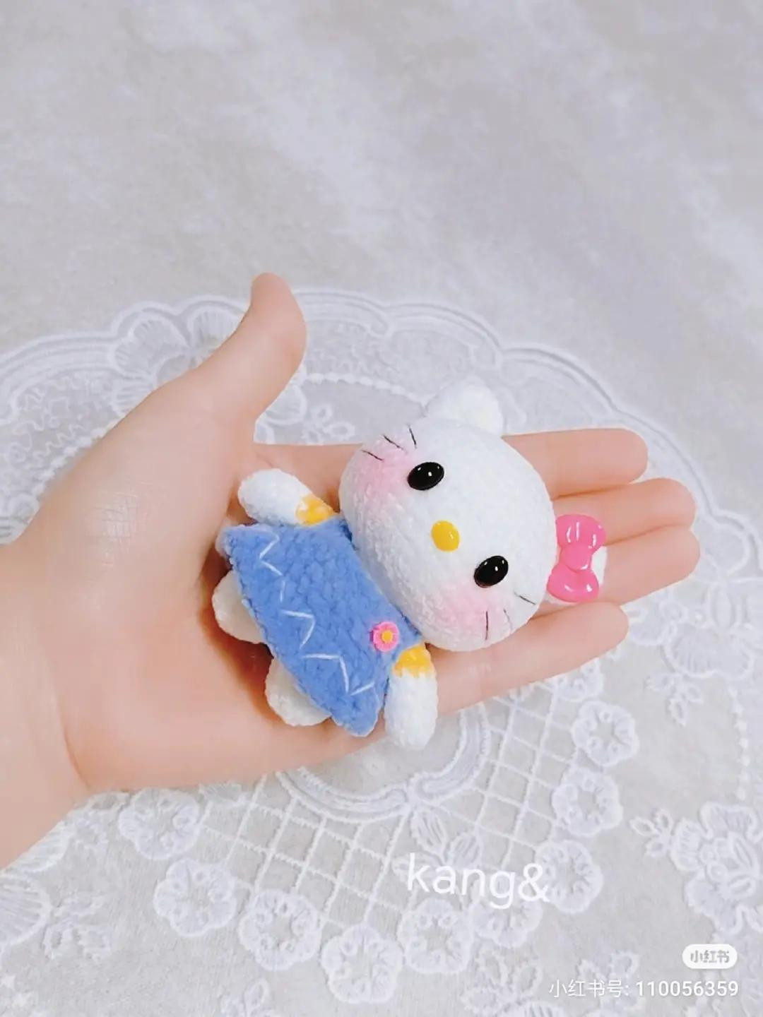 Cute Mini Crochet Hello Kitty Doll Amigurumi Pattern with Blue Dress and Pink Bow