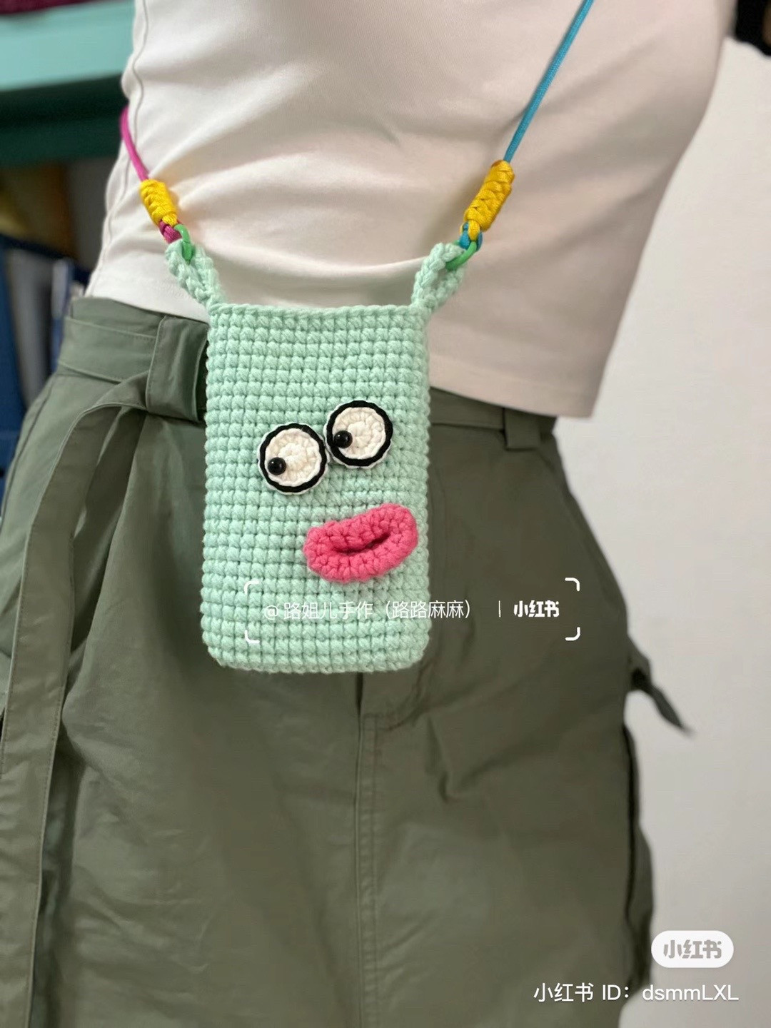 Cute Mint Green Crochet Monster Phone Bag Pattern with Big Eyes and Pink Lips
