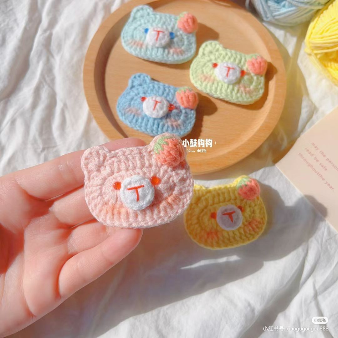 Cute Pastel Crochet Bear Hair Clips with Strawberry