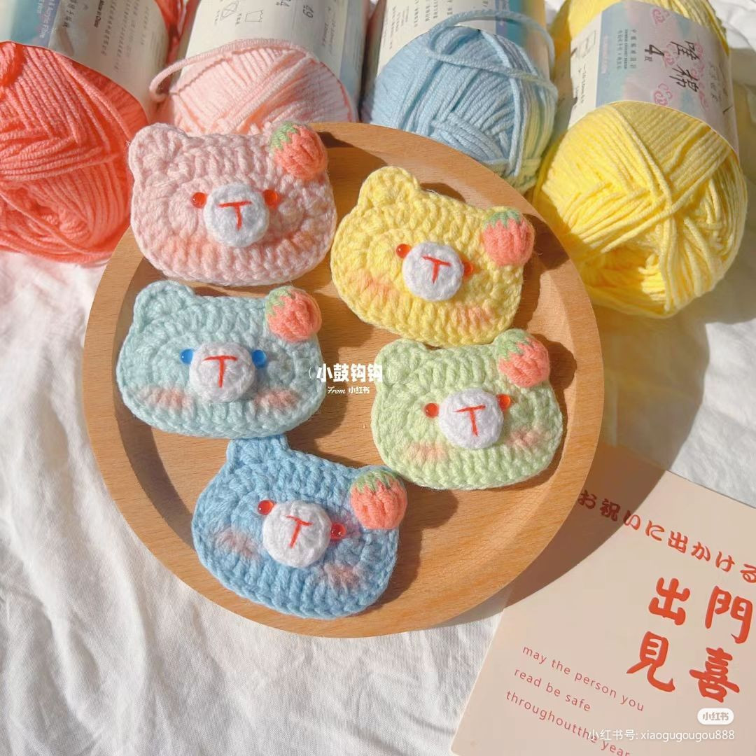 Cute Pastel Crochet Bear Hair Clips with Strawberry