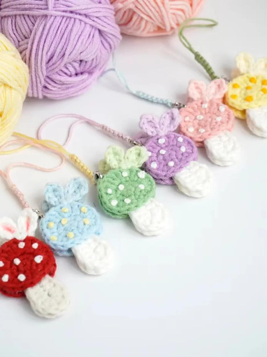 Cute Pastel Crochet Mushroom Bag Charms with Bunny Ears - Macaron Colors DIY Keychain Pattern