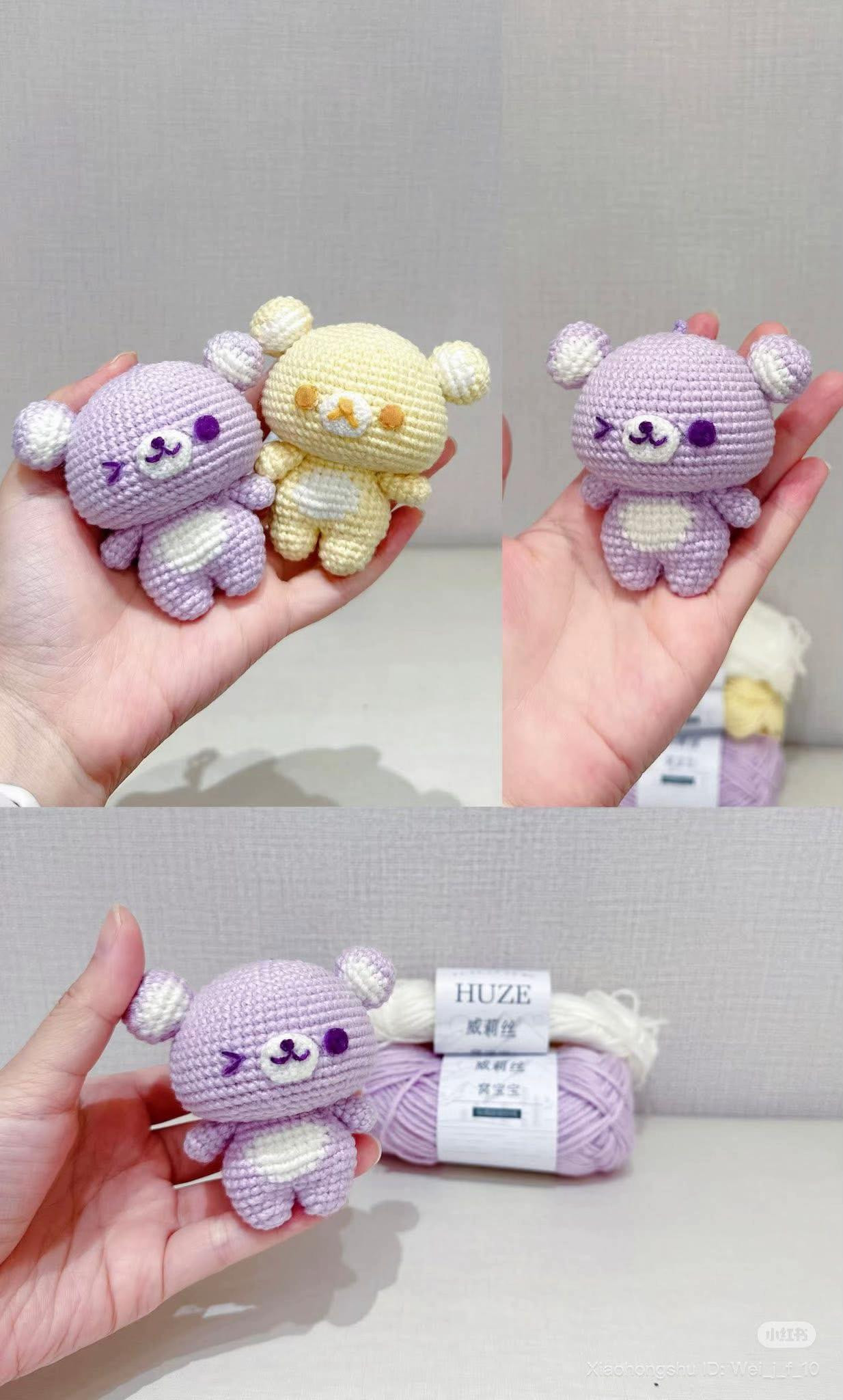Cute Pastel Purple and Yellow Amigurumi Bears with Handwritten Crochet Pattern Chart