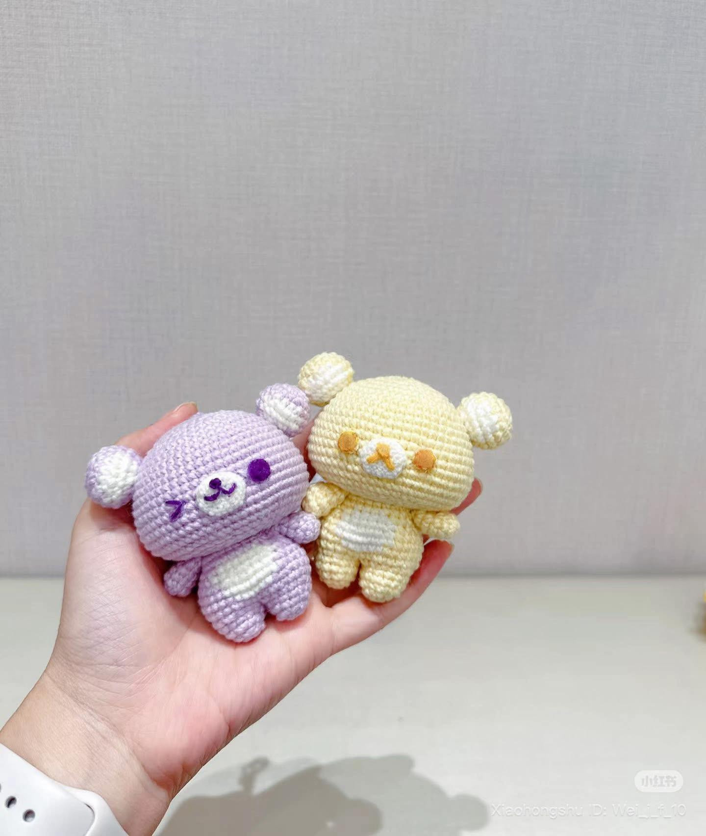 Cute Pastel Purple and Yellow Amigurumi Bears with Handwritten Crochet Pattern Chart