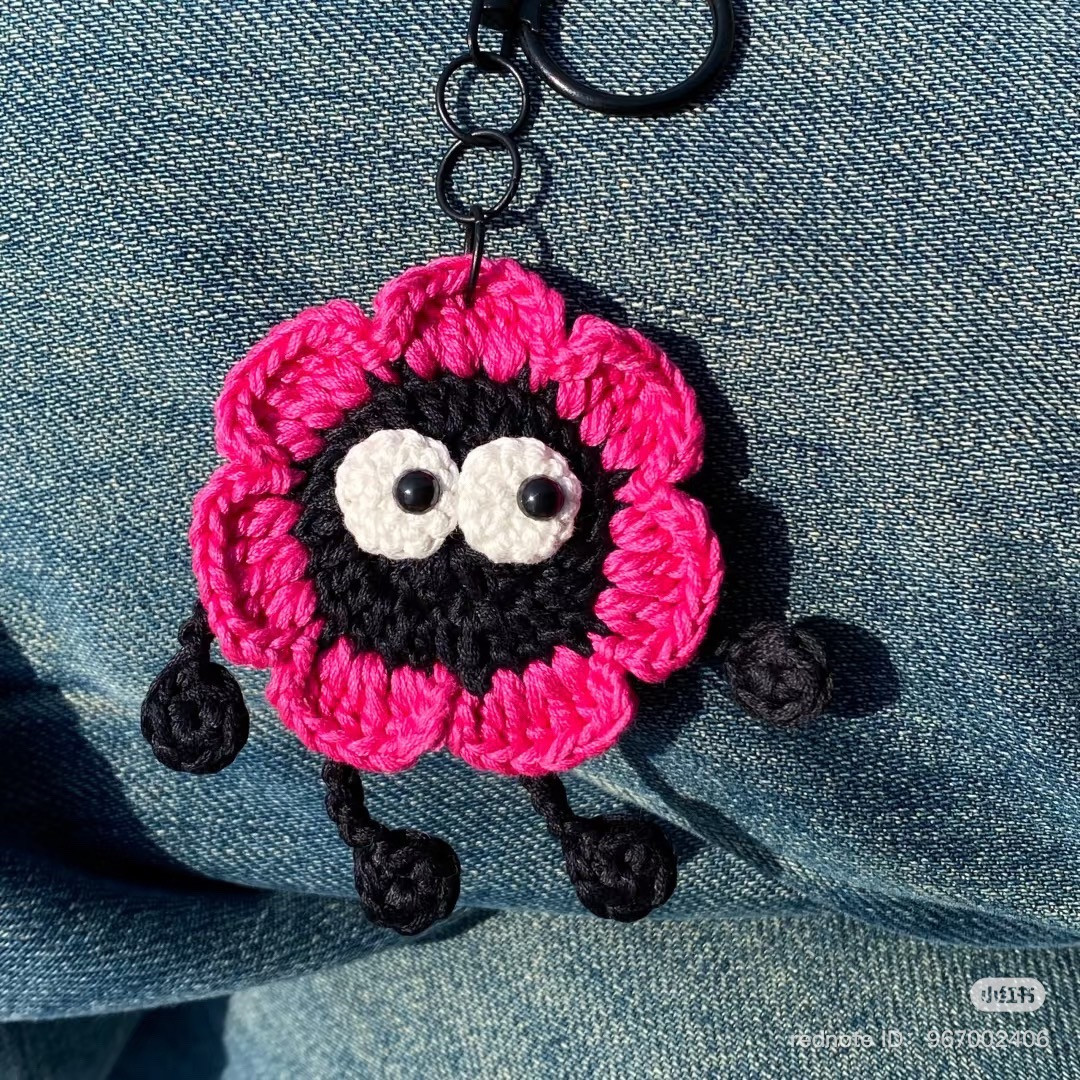 Cute Pink and Black Crochet Flower Bee Keychain Pattern