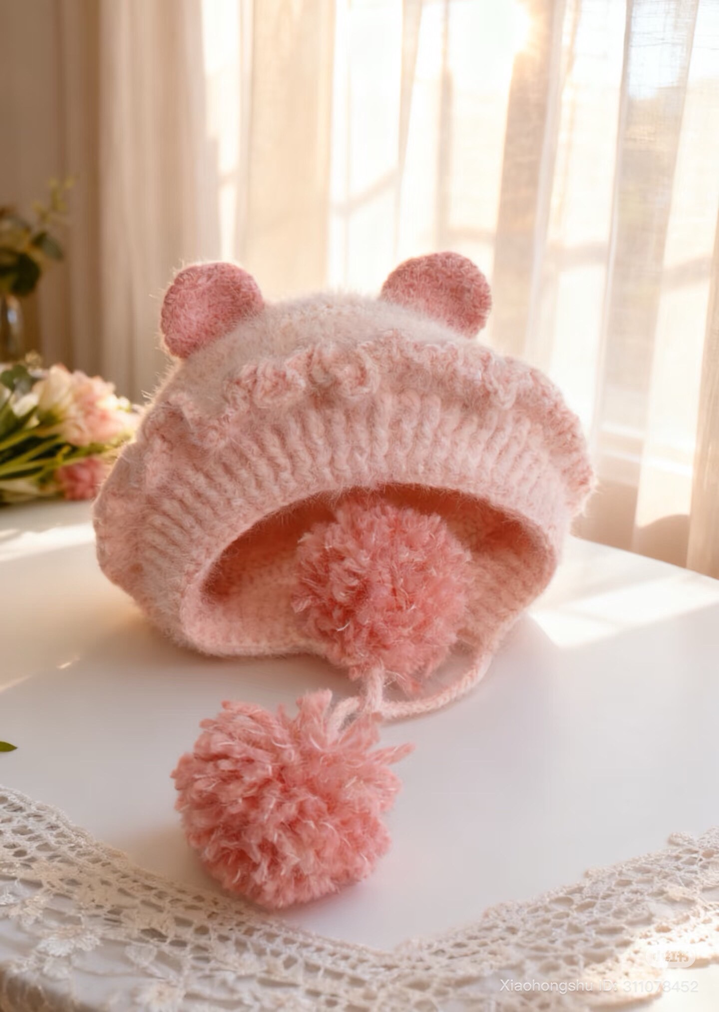 Cute Pink Bear Ear Crochet Hat Pattern with Pom Poms