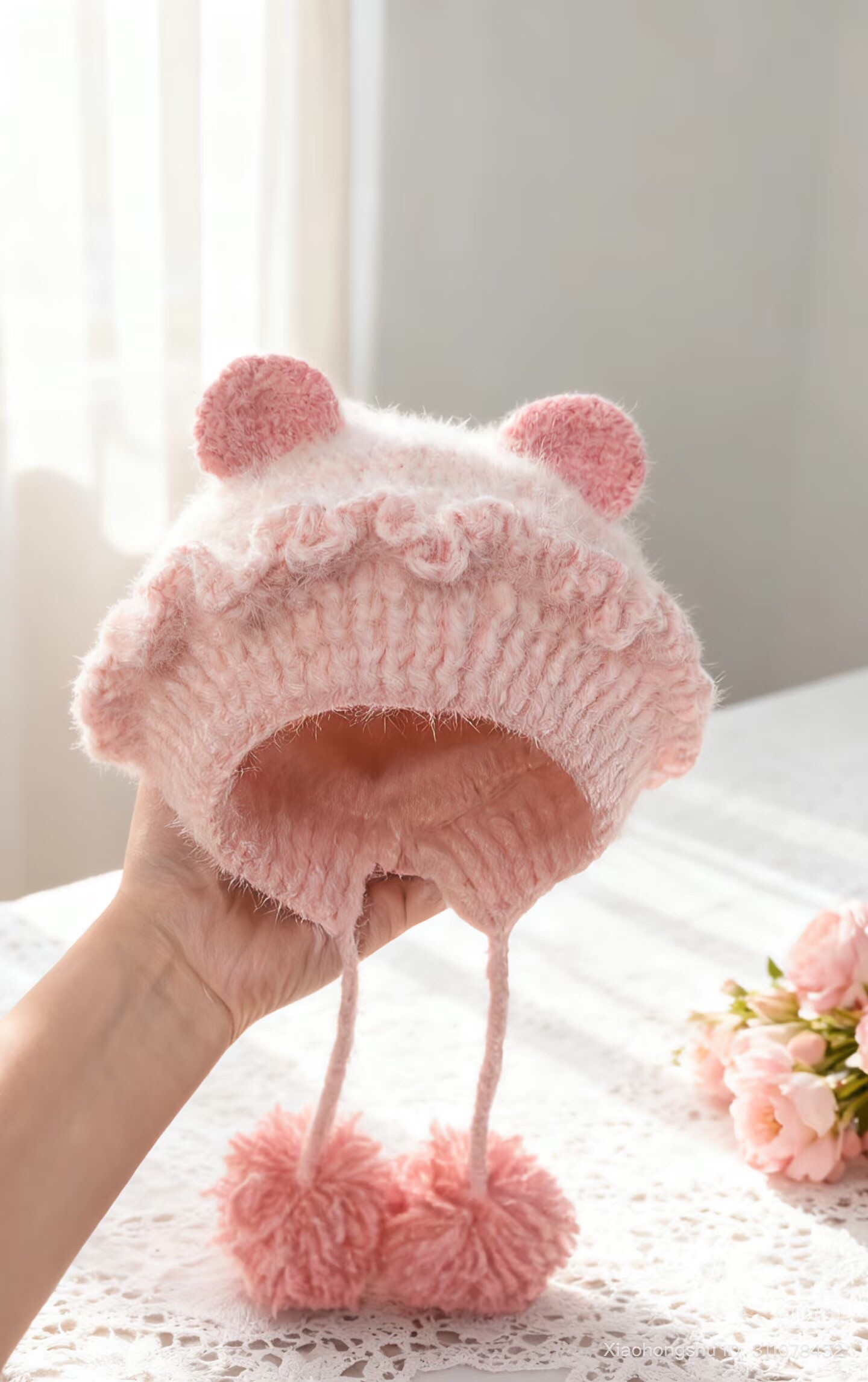 Cute Pink Bear Ear Crochet Hat Pattern with Pom Poms
