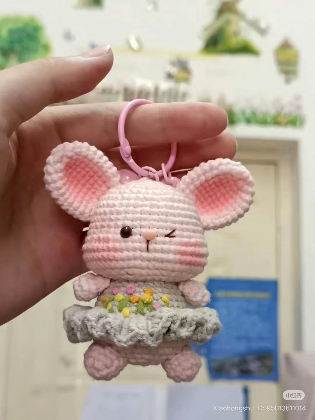 Cute Pink Crochet Mouse Amigurumi Keychain with Floral Dress