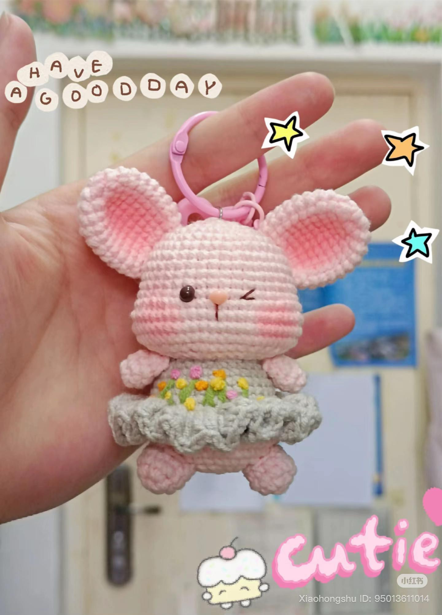 Cute Pink Crochet Mouse Amigurumi Keychain with Floral Dress