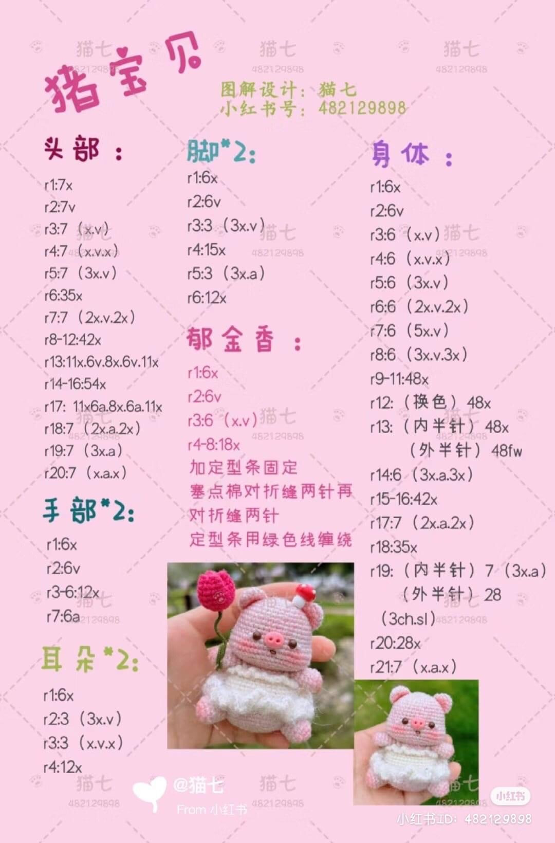 Cute Pink Pig Amigurumi Crochet Pattern with Tulip and Mushroom