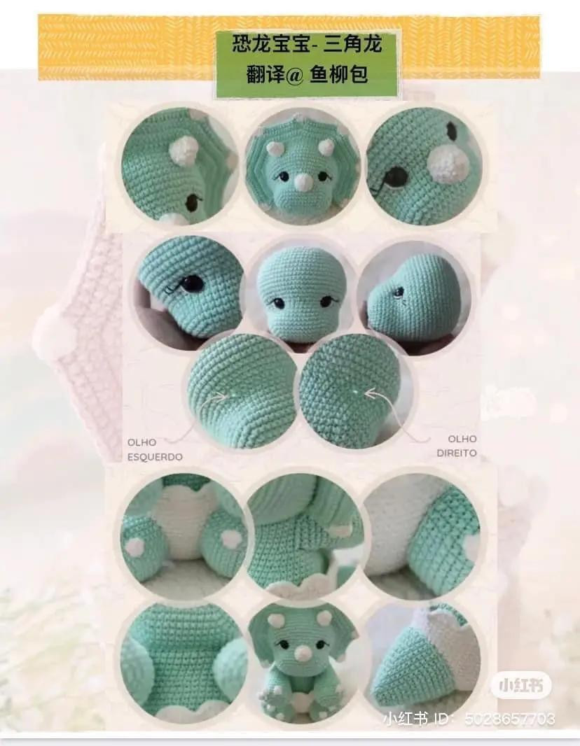 Cute Pink Triceratops Dinosaur Amigurumi Crochet Pattern Chart with Step-by-Step Instructions