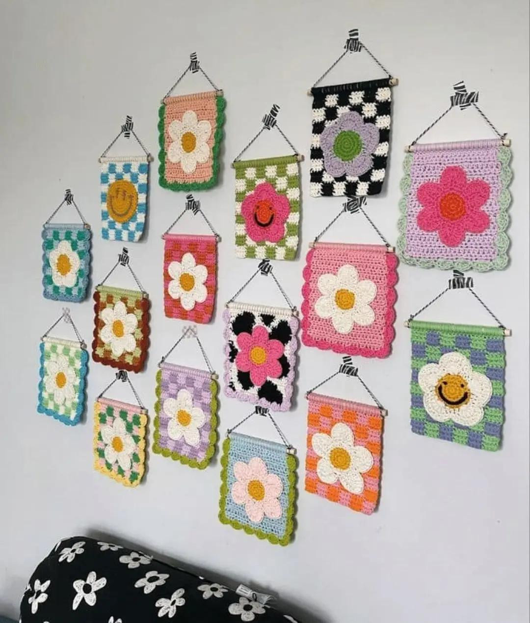 Cute Pixel Crochet Patterns: Bear, Cat, and Flower Wall Hangings with Charts