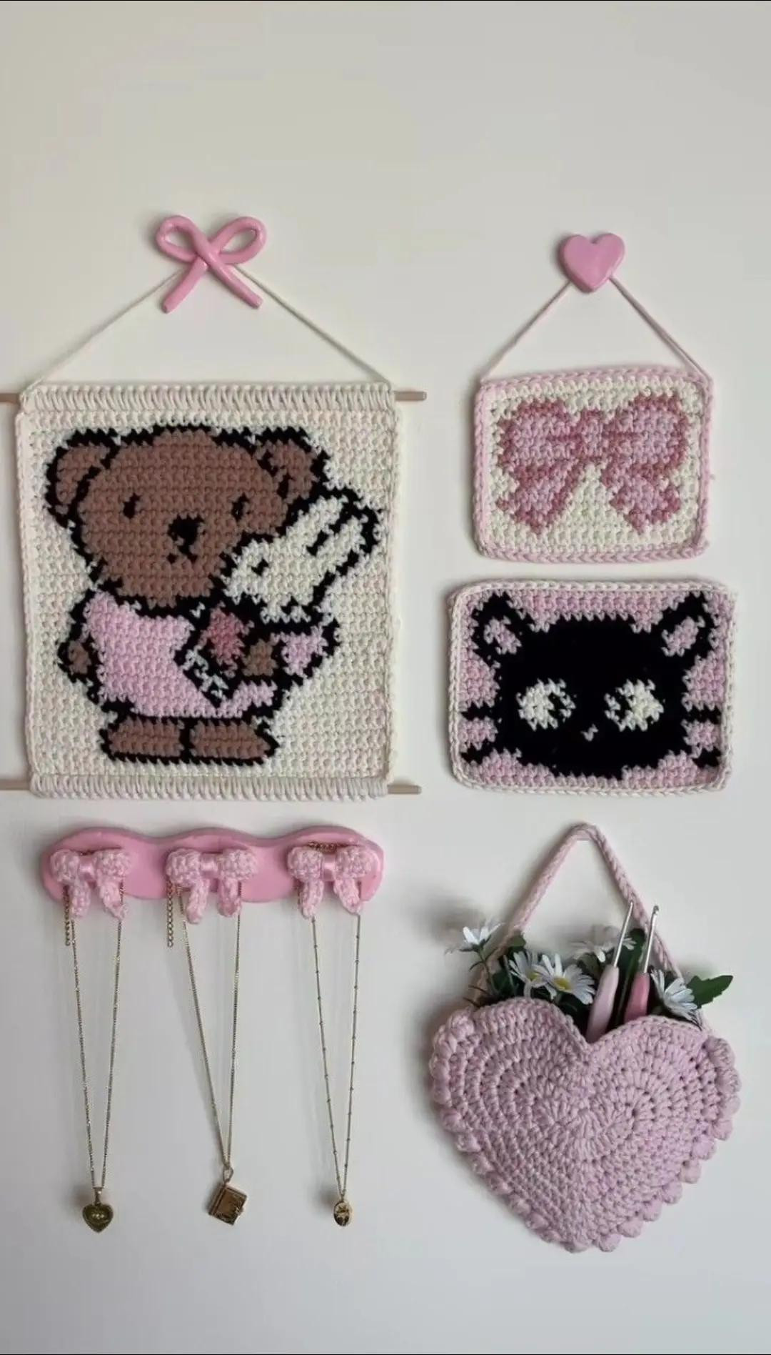 Cute Pixel Crochet Patterns: Bear, Cat, and Flower Wall Hangings with Charts