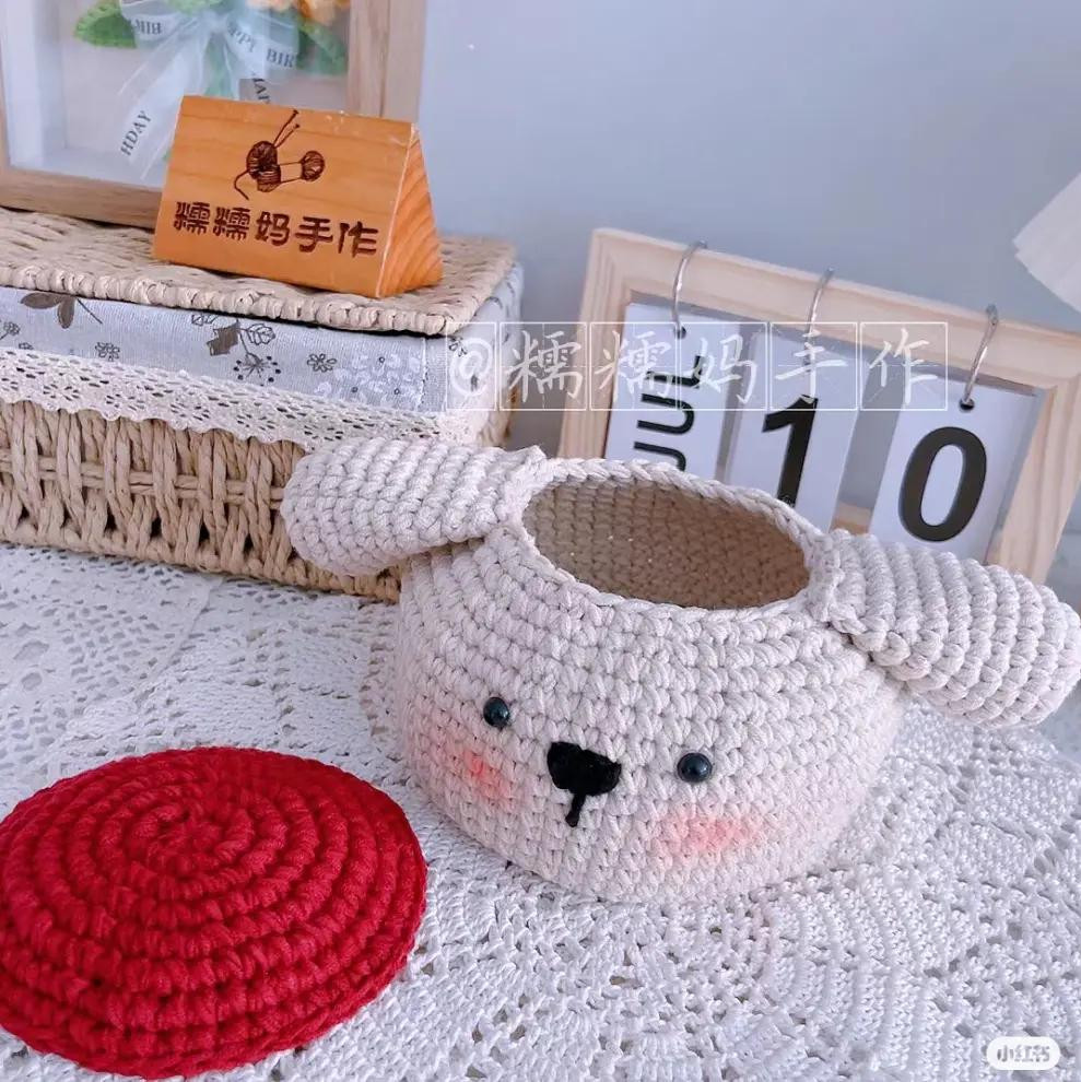 Cute Pudding Dog Crochet Storage Basket with Red Lid Pattern Chart