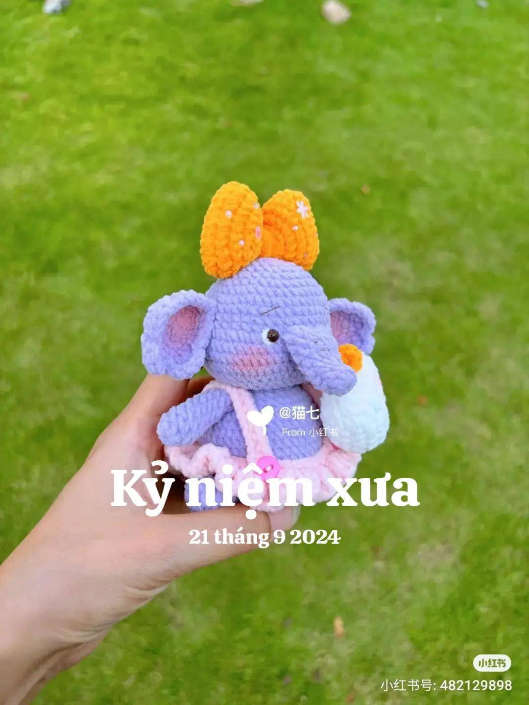Cute Purple Crochet Elephant Doll with Orange Bow and Duck
