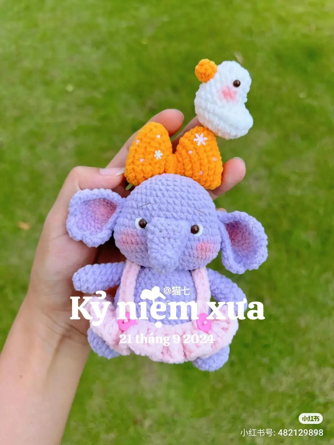 Cute Purple Crochet Elephant Doll with Orange Bow and Duck