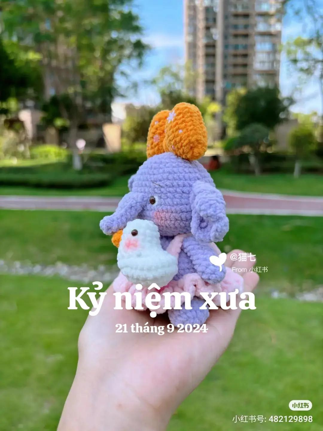 Cute Purple Crochet Elephant Doll with Orange Bow and Duck