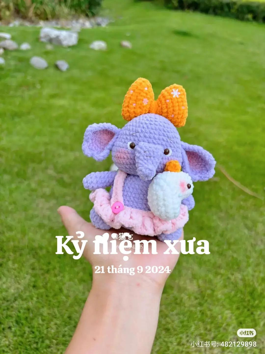 Cute Purple Crochet Elephant Doll with Orange Bow and Duck