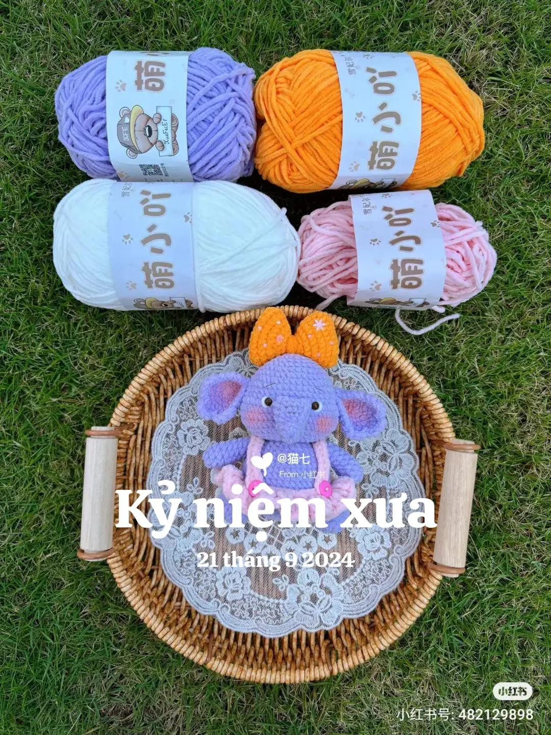 Cute Purple Crochet Elephant Doll with Orange Bow and Duck