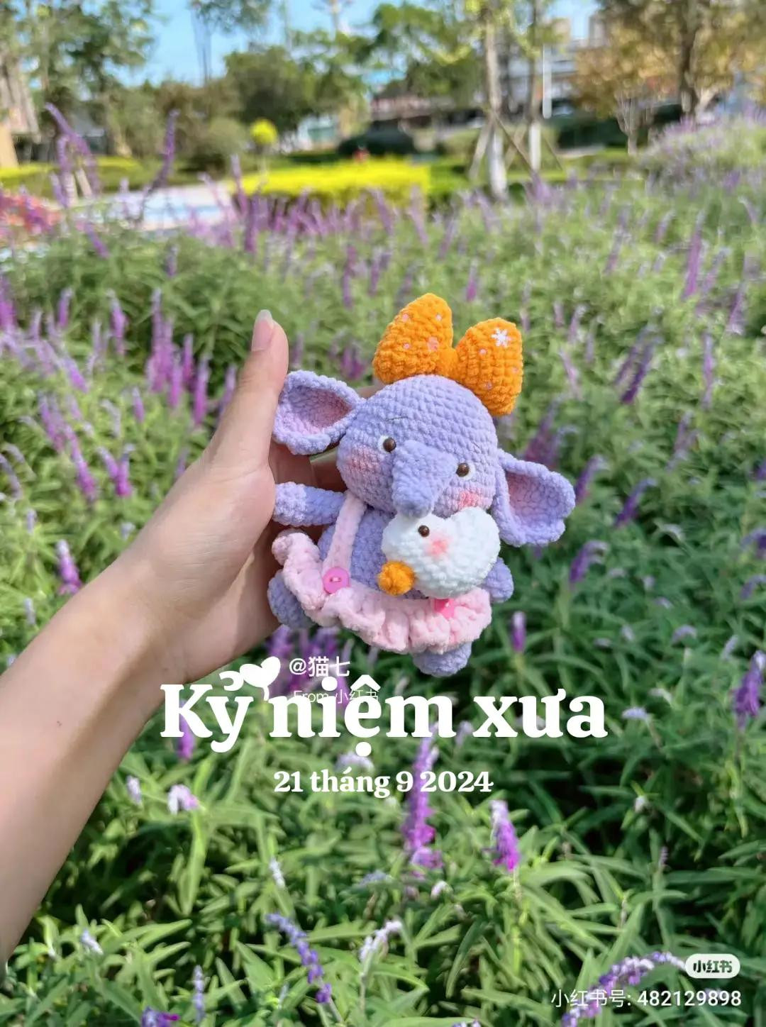 Cute Purple Crochet Elephant Doll with Orange Bow and Duck