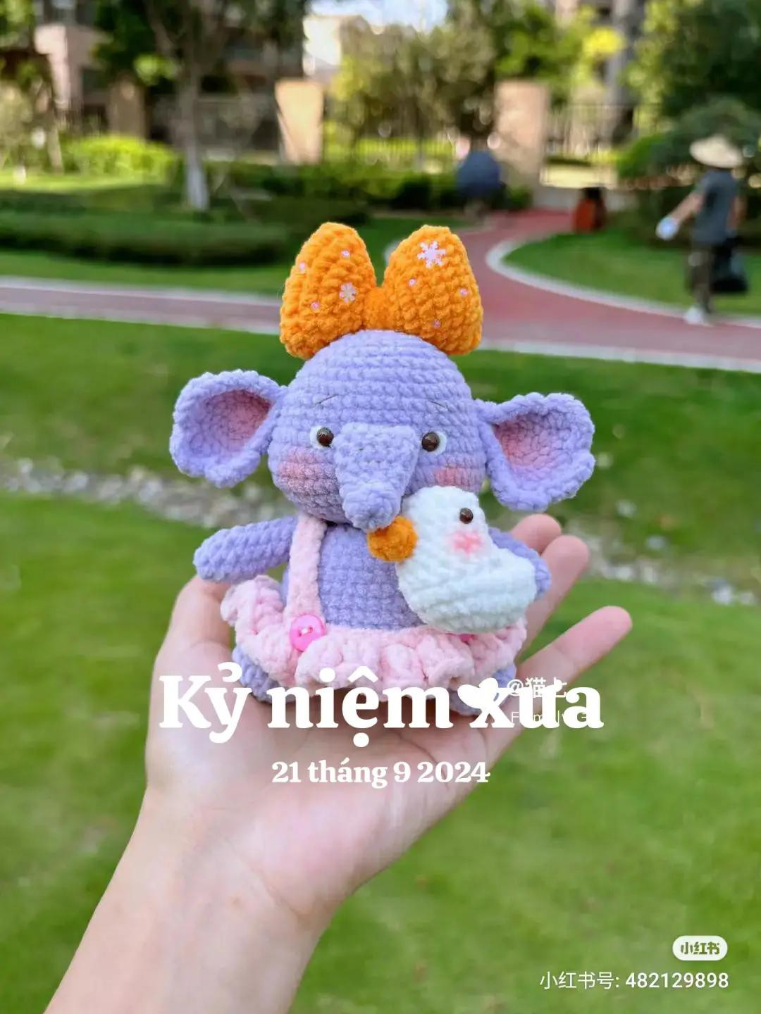 Cute Purple Crochet Elephant Doll with Orange Bow and Duck