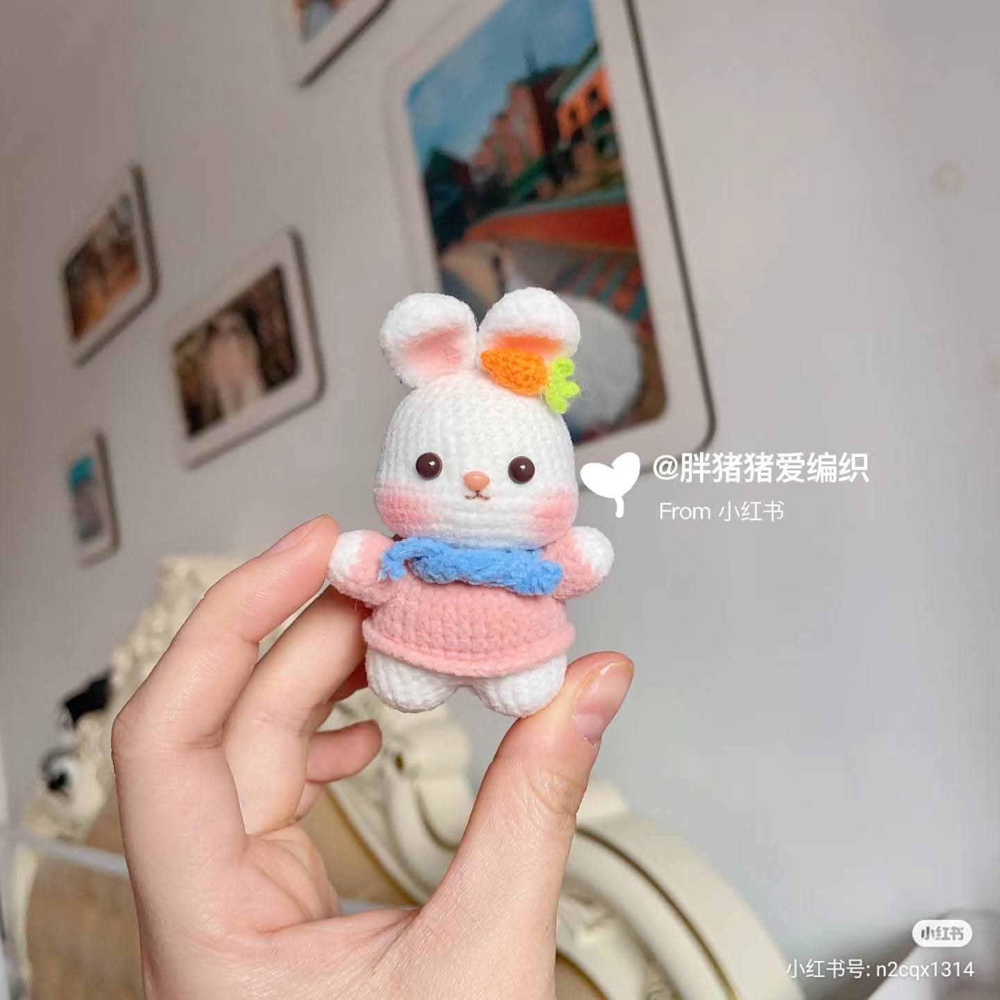 Cute White Bunny Amigurumi Crochet Pattern with Pink Sweater and Blue Scarf