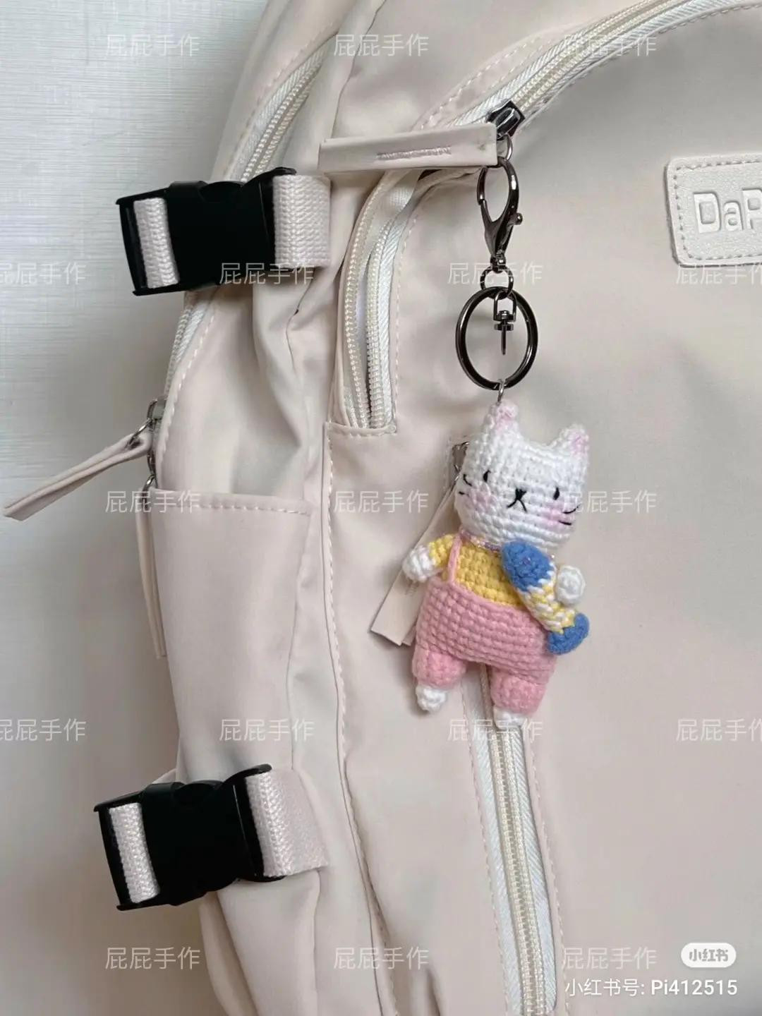 Cute White Cat Amigurumi with Blue Fish and Pink Overalls Crochet Pattern Chart