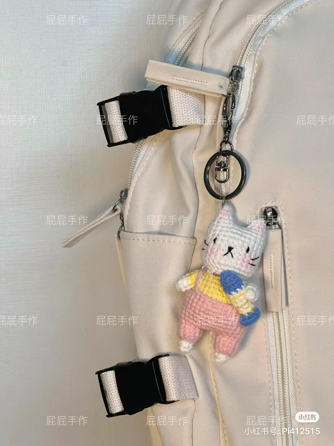 Cute White Cat Amigurumi with Blue Fish and Pink Overalls Crochet Pattern Chart