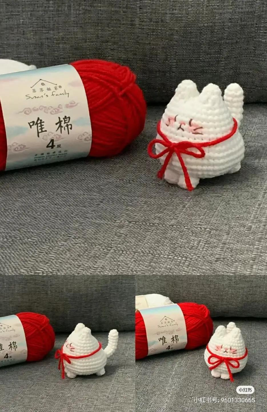 Cute White Cat Amigurumi with Red Bow Pattern