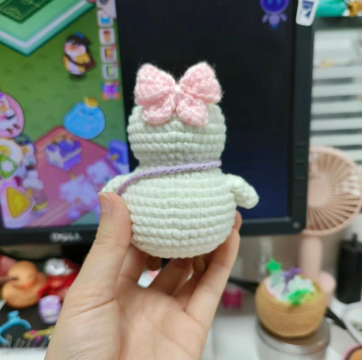 Cute White Crochet Duck with Pink Bow and Purple Bag Amigurumi Pattern