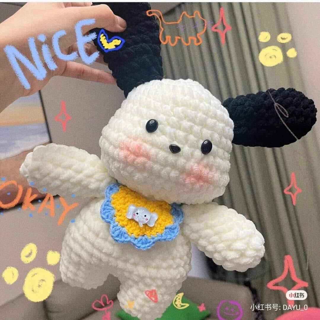 Cute White Crochet Puppy Amigurumi Pattern with Blue Ears and Bib Chart