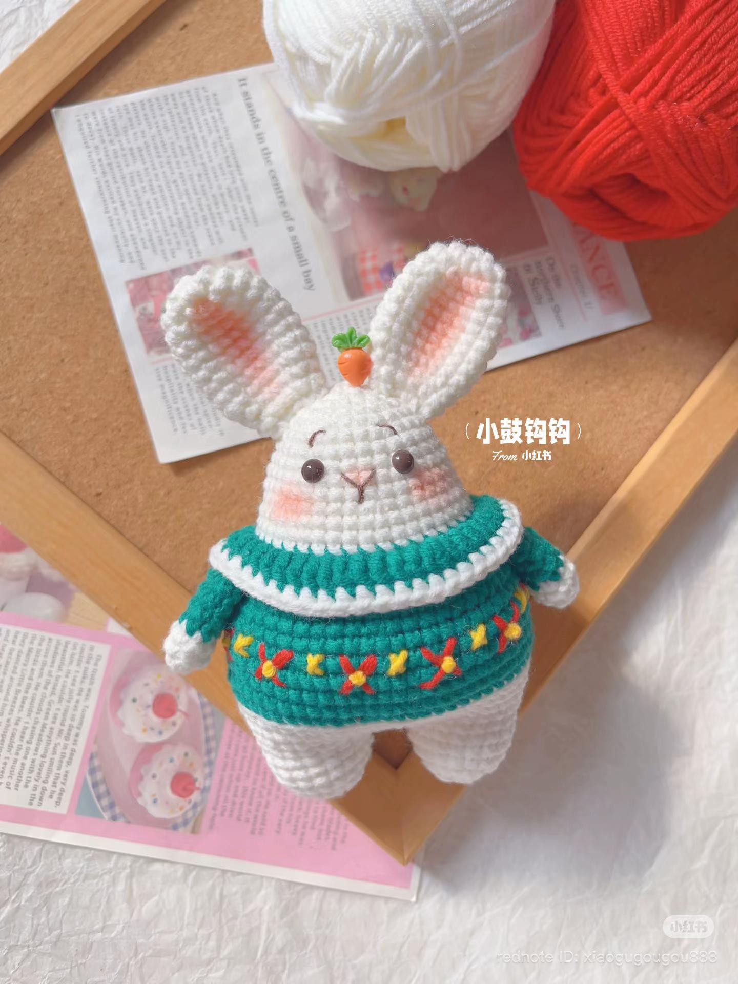 Cute White Rabbit Amigurumi in Green Sweater with Carrot Top