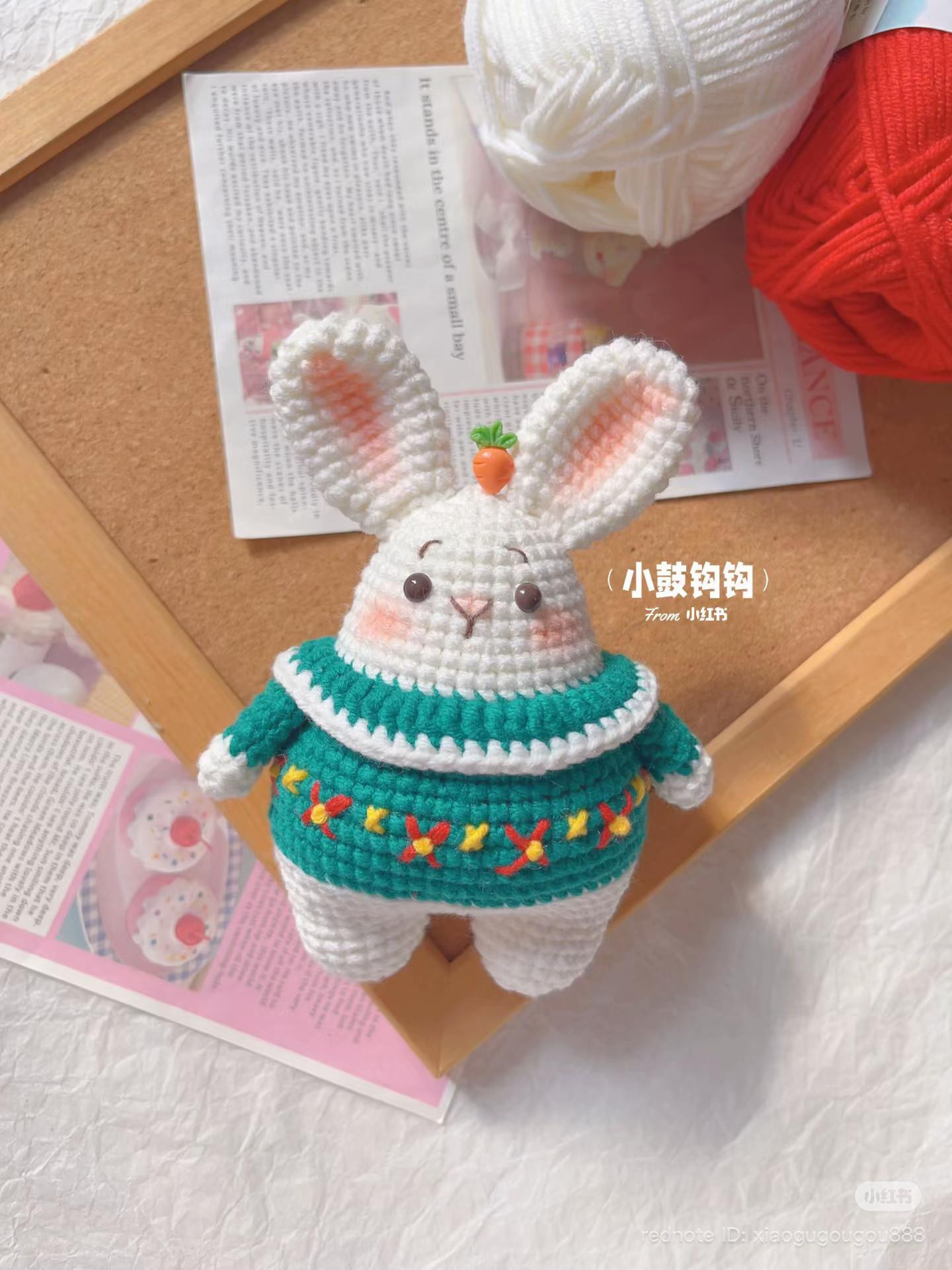 Cute White Rabbit Amigurumi in Green Sweater with Carrot Top