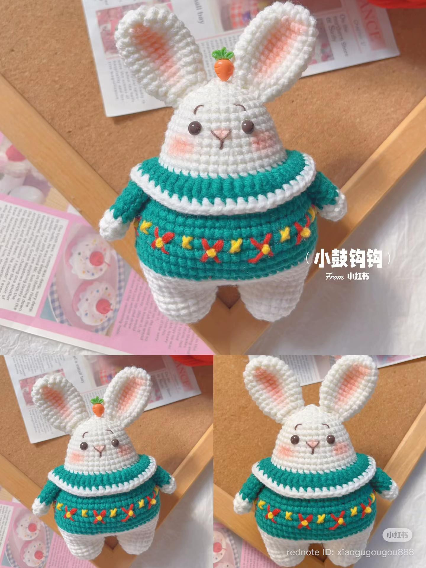 Cute White Rabbit Amigurumi in Green Sweater with Carrot Top